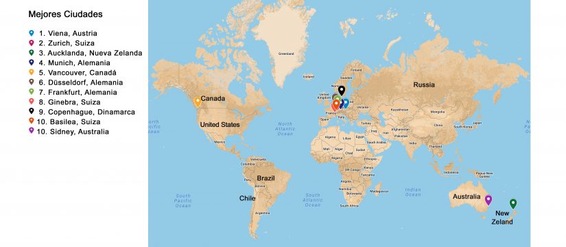 Mapa con ubicación de los 10 primeros países con mejor calidad de vida