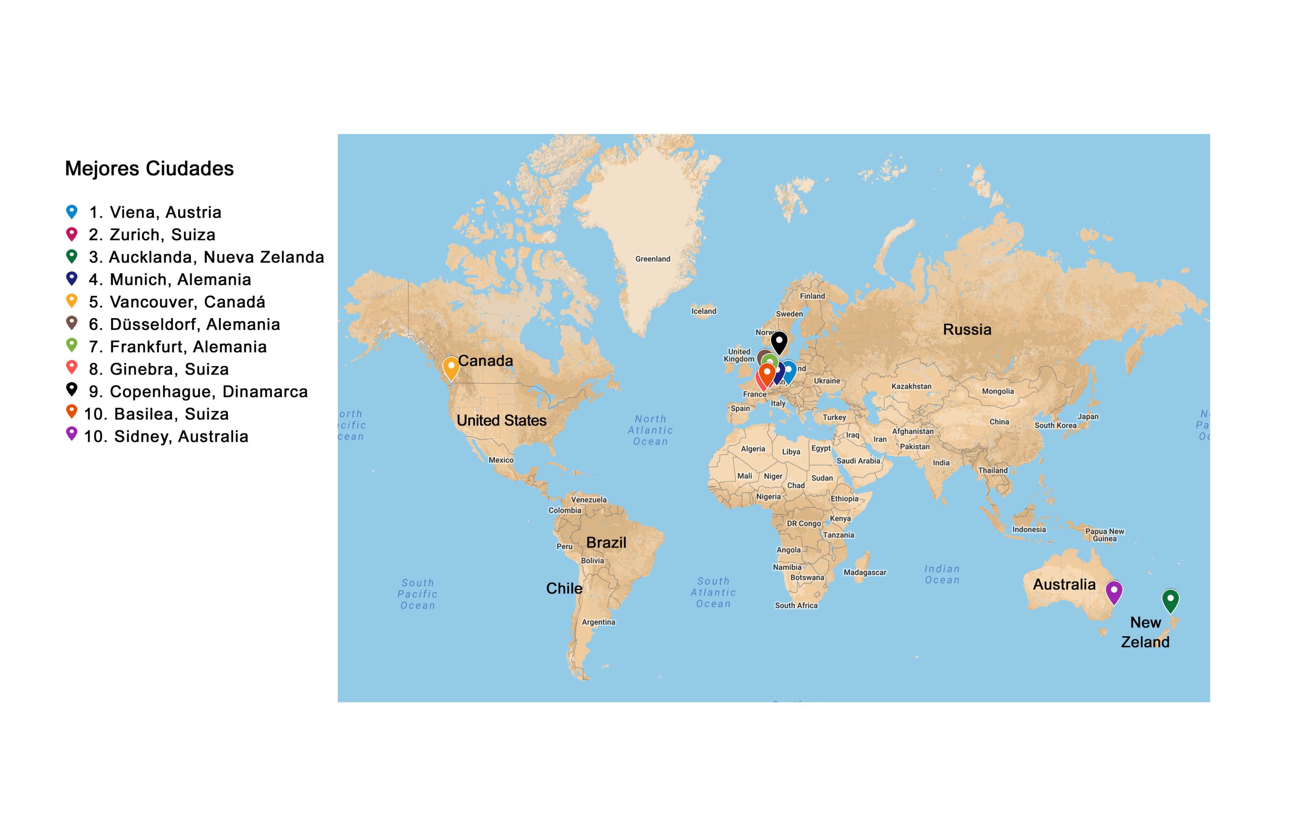 Mapa con ubicación de los 10 primeros países con mejor calidad de vida