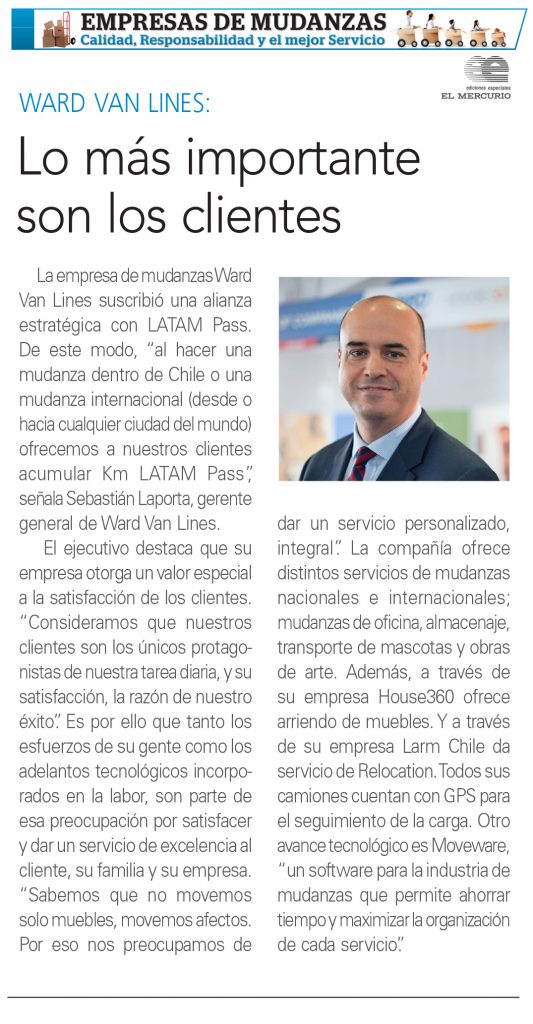 Publicación en diario El Mercurio sobre oferta de empresas de mudanzas internacionales
